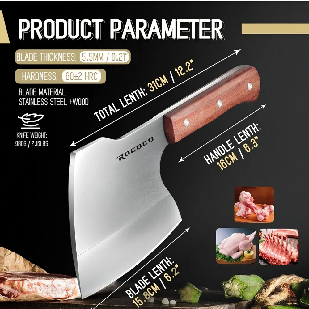 Rococo Stainless Steel Bone Cleaver Heavy Duty Meat‎ Chopper Wood Handle Knife